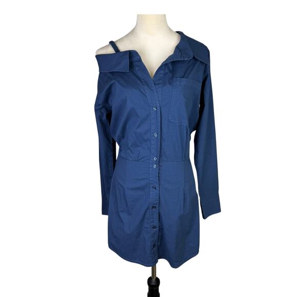 Monrow Navy Stretch Poplin Cotton Blend Button Up Long Sleeve Mini Shirt Dress - Picture 3 of 14